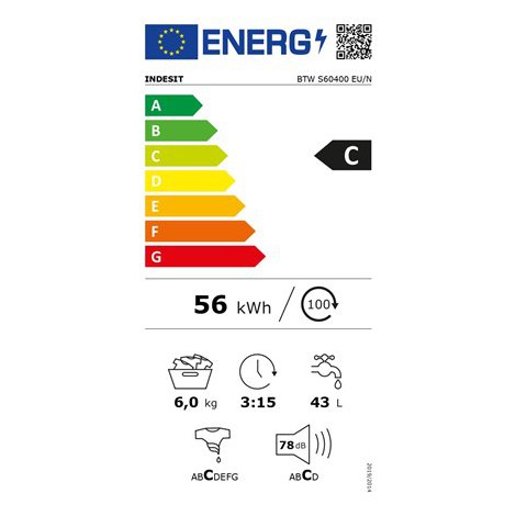 INDESIT | BTW S60400 EU/N | Washing machine | Energy efficiency class C | Top loading | Washing capacity 6 kg | 951 RPM | Depth - 6